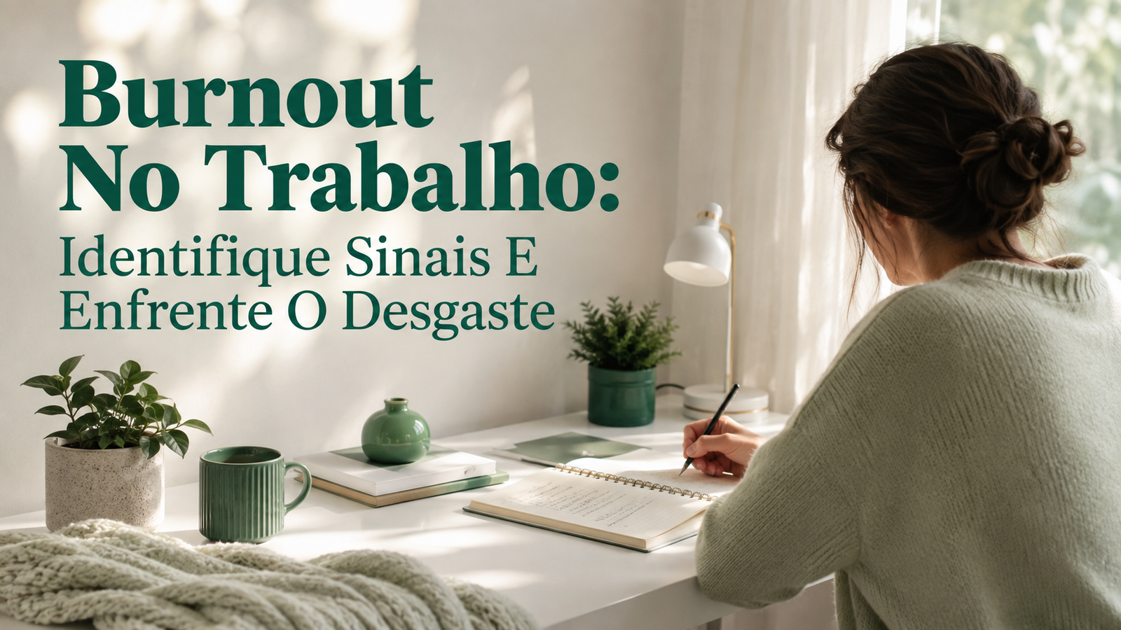 Espaço calmo e iluminado com mesa branca, planta verde, mãos escrevendo — burnout no trabalho