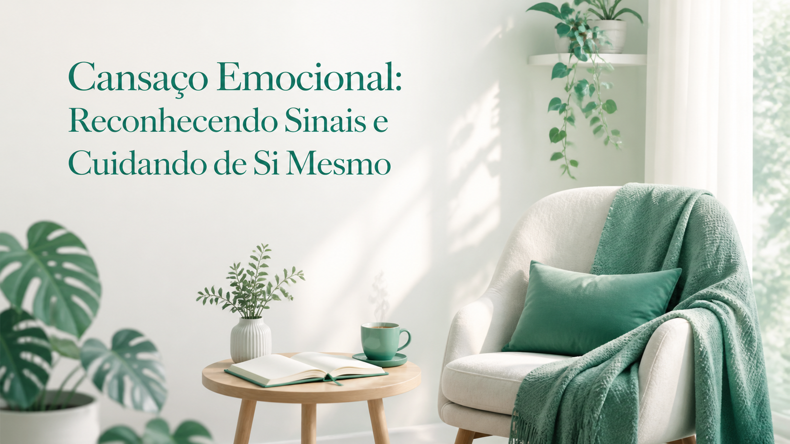 Canto minimalista acolhedor: poltrona, xícara e diário, luz suave — cansaço emocional.