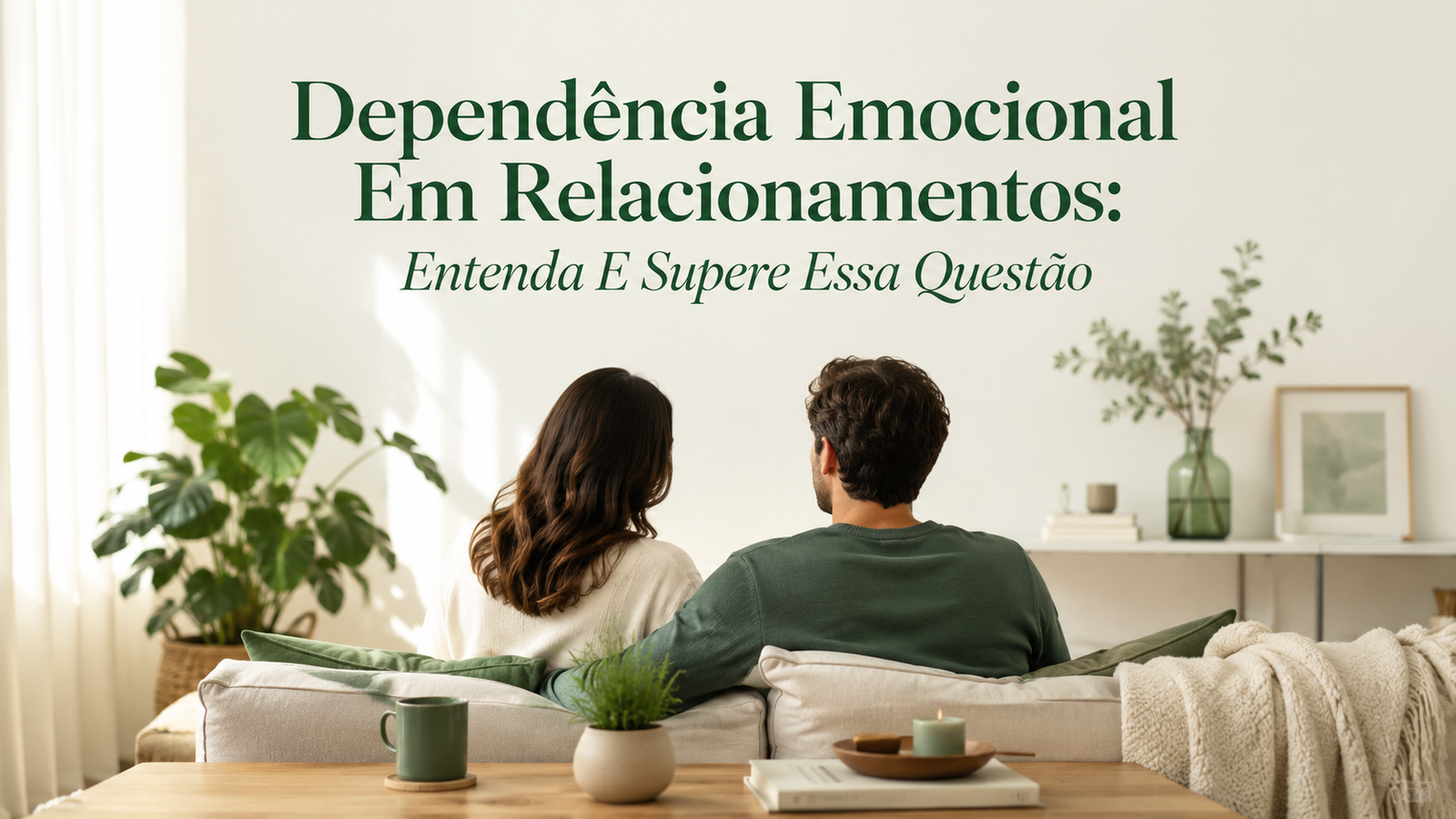 Sala minimalista com dois sentados no sofá, luz suave; dependência emocional em relacionamentos