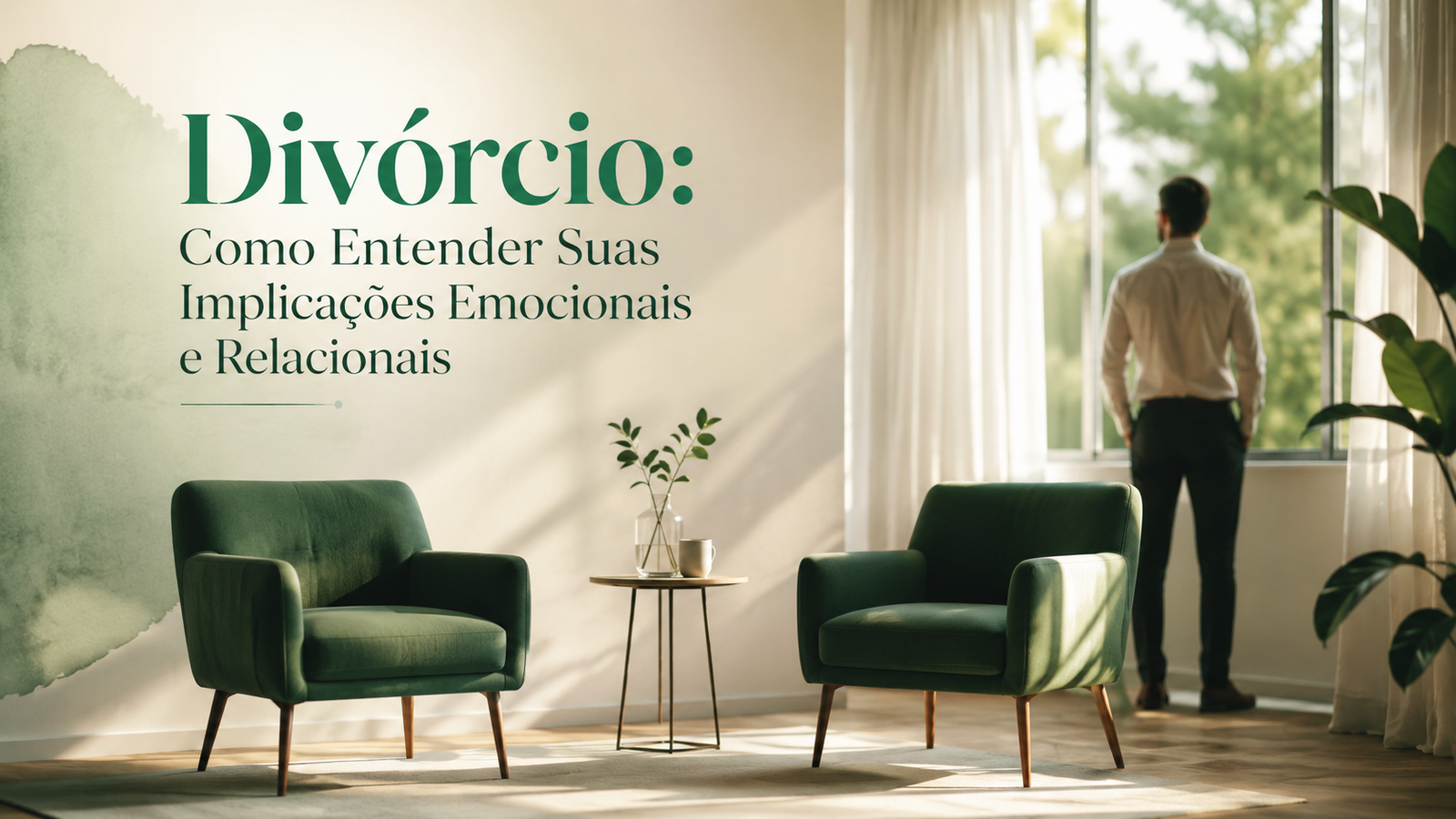 Interior sereno e iluminado, cadeiras separadas sugerem divórcio e reflexão