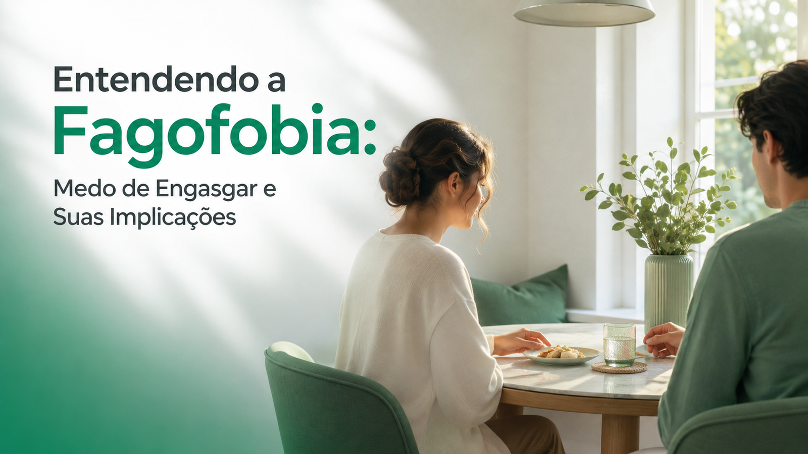 Cantinho de jantar sereno com prato, copo e mãos alcançando; tema fagofobia.