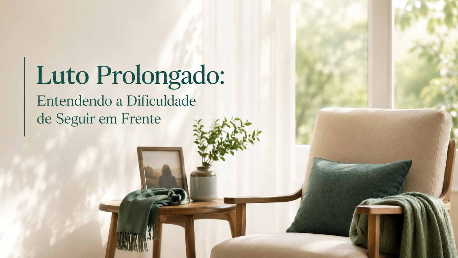 Interior minimalista iluminado: poltrona vazia, janela ensolarada, foto embaçada — luto prolongado
